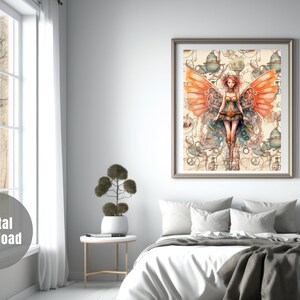 May include: A digital download of a steampunk-style illustration featuring a woman with orange butterfly wings standing in front of a background of gears and cogs.