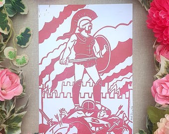 May include: Red and white print of a Spartan warrior with a sword and shield, standing on a pile of fallen soldiers. The artwork is surrounded by pink and red flowers and green foliage.