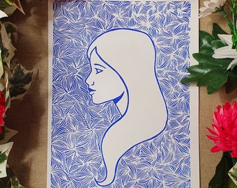 Blue portrait, handmade linocut print