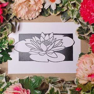 May include: A black and white line drawing of a water lily on a white background. The water lily is in the center of the image and is surrounded by a black border.