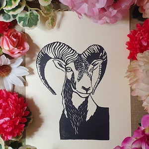 Mouflon, handmade linocut print