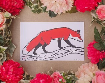 May include: A red fox illustration walking on a branch. The fox is outlined in black and has a white tail tip. The background is white.