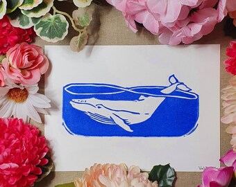 Whale, handmade linocut print