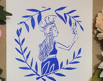 Athena, handmade linocut printing