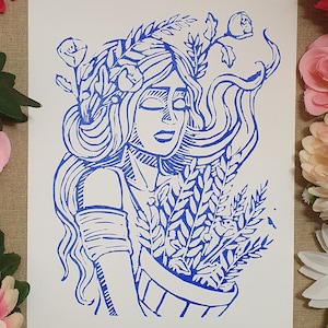 Demeter, handmade linocut print