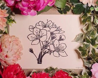 Cherry blossom, handmade linocut print