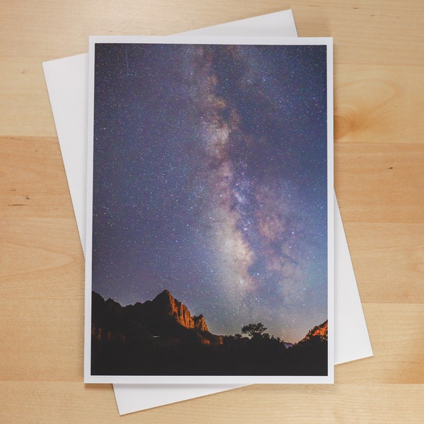 Milky Way & Zion Canyon Walls, Night Sky, in Zion National Park, Utah - Greeting Card