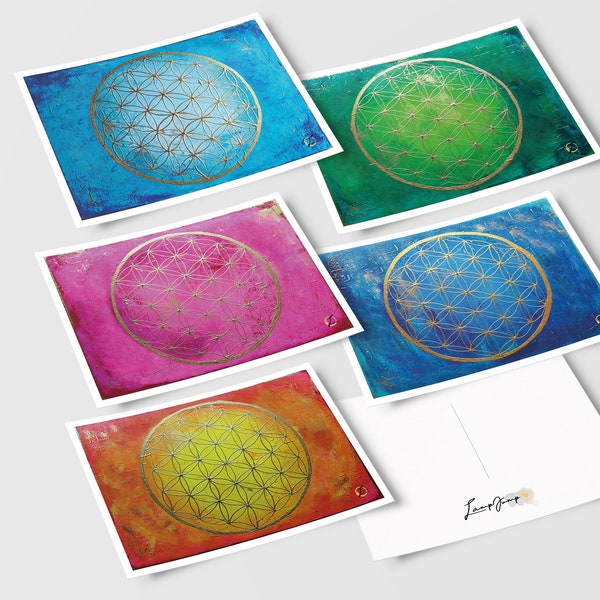 Blume des Lebens Karten-Set – handgemalte Acryl Motive – Postkarten – Spirituelle Energiekarten - 5 Stück