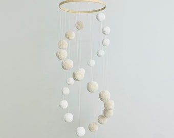 Infinity spiral baby mobile with pompoms neutral unisex color