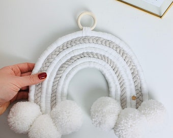 White rainbow macrame with white pompoms