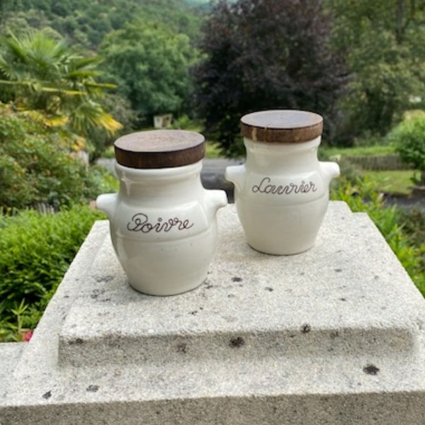 Set of 2 French Vintage Ceramic Pepper and Laurel Containers