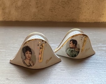 French Vintage Porcelain Salt & Pepper Shakers – Napoleon and Josephine Hat Design, Hand-Painted