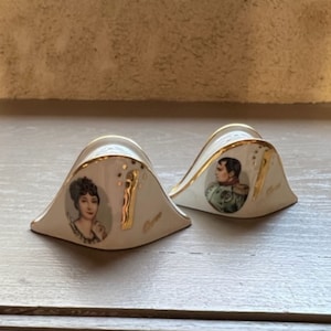 French Vintage Porcelain Salt & Pepper Shakers – Napoleon and Josephine Hat Design, Hand-Painted