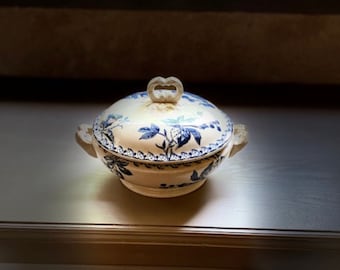 French Vintage Covered Serving Dish — Classic Lidded Porcelain Tureen, Elegant White with Scrolled Handles