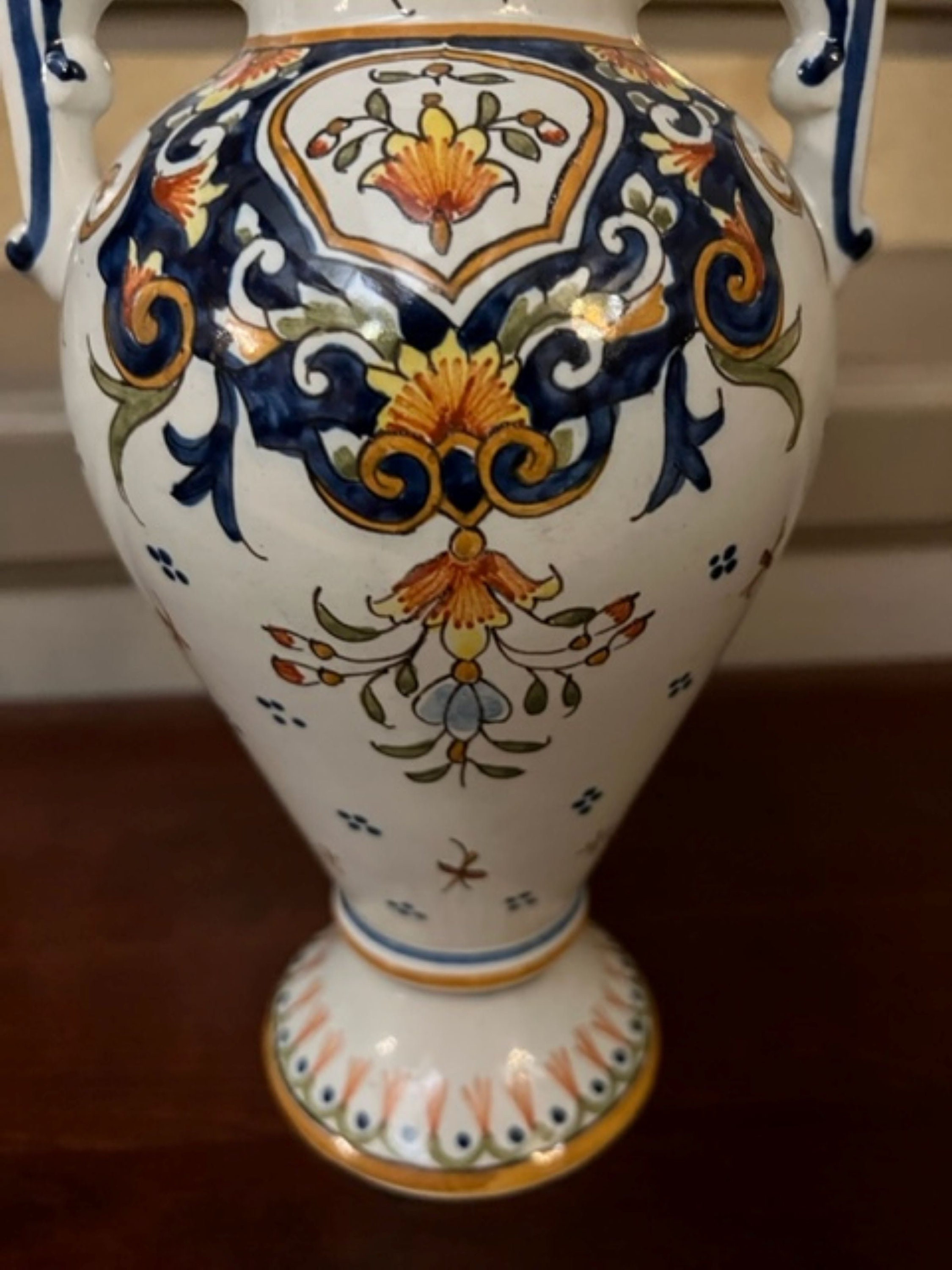 フランス製ヴィンテージ手描き陶器花瓶 - 伝統的なファイアンス焼き