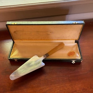 Seltener französischer Vintage-Kuchenheber mit Originalverpackung – Horngriff und Satinfutter, Geschenkartikel aus der Mitte des 20. Jahrhunderts