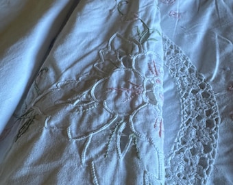 French Vintage Hand-Embroidered Cotton Tablecloth with Cutwork and Lace Details
