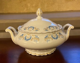 French Vintage Limoges Porcelain Tureen with Lid — Blue & Gold Scrollwork, 2-Piece Serving Dish