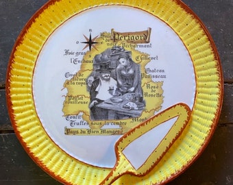 Rare French Vintage Porcelain Plate & Server Set – Hand-Painted in Terrasson, Périgord Region