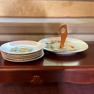 Set of 6 French Vintage Hand-Painted Cheese Plates with Matching Serving Dish – Rare & Exquisite