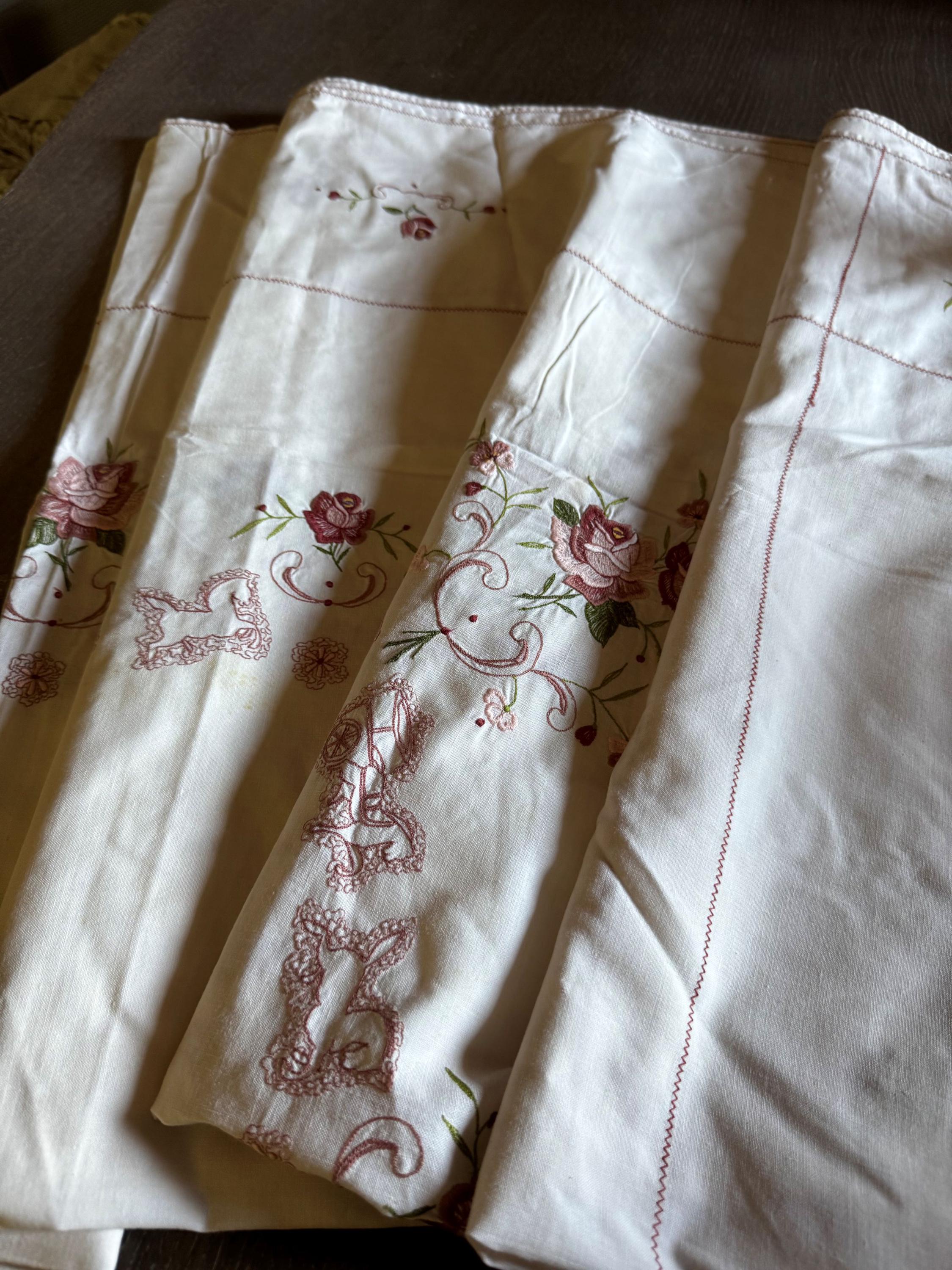 フランス製ヴィンテージ刺繍コットンテーブルクロス – 124 x 168 cm