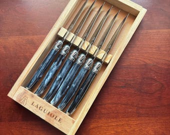 Franse vintage Laguiole-messen – set van 6 met gemarmerde handgrepen in originele houten kist