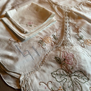 フランス製ヴィンテージ刺繍コットンテーブルクロス – 124 x 168 cm