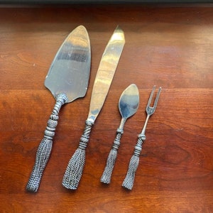 French Vintage Silver Plate Serving Utensil Set – Cake Server, Knife, Fork & Spoon (Set of 4)