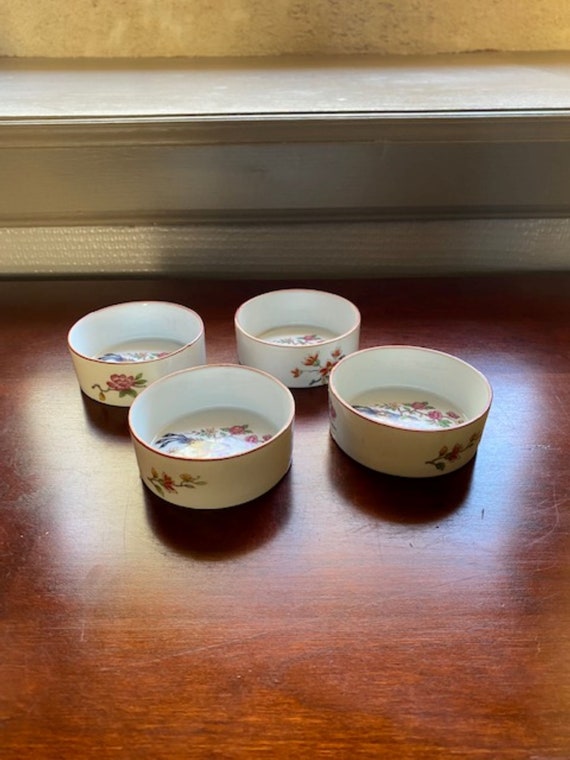 Set of 4 French Raynaud Limoges Porcelain Ramekins – Hand-Painted Condiment or Appetizer Dishes