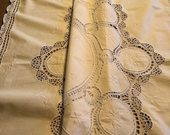 French Vintage Embroidered Cotton Tablecloth