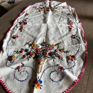 Vintage French Table Runner – Hand Embroidered Floral Cotton Linen, 1940s French Country Décor, Scalloped Edge Centerpiece