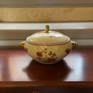 French Vintage Limoges Porcelain Serving Dish / Soup Tureen – Hand-Painted with Gold Leaf & Pig Handles