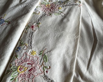 ヴィンテージフランス刺繍コットンテーブルクロス – 糸で紡ぐガーデン