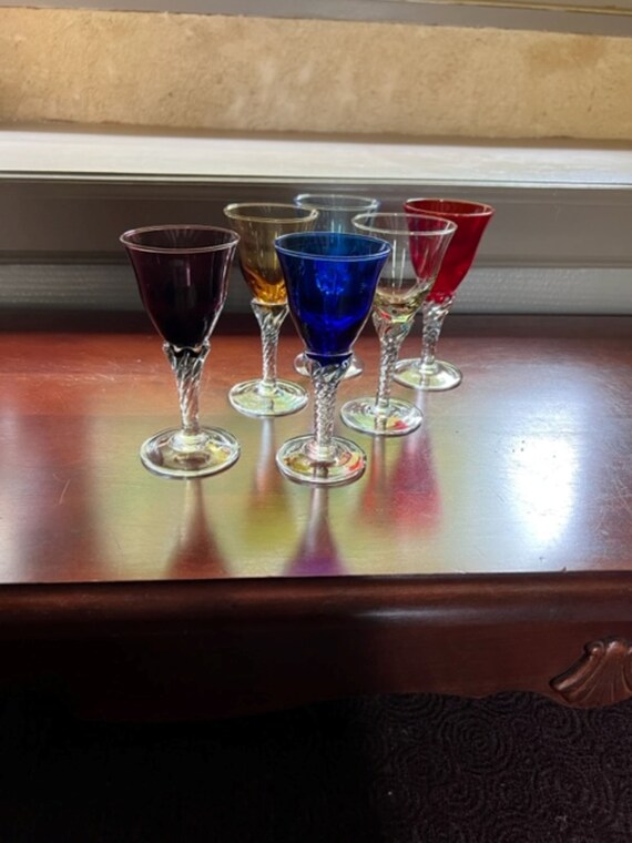 ヴィンテージ ワイングラス 6客セット 色付 ハンドペイント 金彩 ムラノ? ベネチアングラス? アンティーク フラワーガーランド  | ハンドペイント ゴールド ウイスキー セット 7点