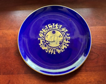 Raro plato francés antiguo de Gien – Tesoro de loza azul oscuro y dorada