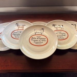 Vintage French Cheese Plates – Set of 6 Porcelain, Camembert Design, Farmhouse Dining, French Culinary Collectible
