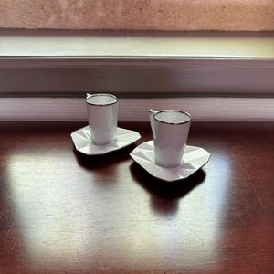 Set of 2 Modernist Espresso Cups & Saucers – White Porcelain with Silver Rim