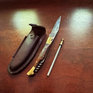 Vintage French Laguiole Pocket Knife Set – Corkscrew, Sharpener & Leather Sheath