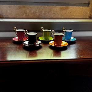 Set of 5 Vintage French Porcelain Espresso Cups & Saucers – Bold, Chic, and Gold-Handled Fabulousness