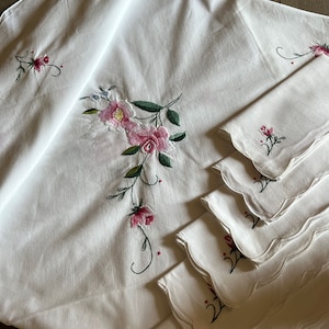 French Vintage Embroidered Tablecloth & 8 Matching Napkins – Fine French Cotton