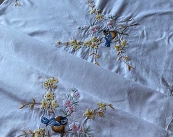 French Vintage Embroidered Cotton Tablecloth – Stunning Handwork & Timeless Elegance