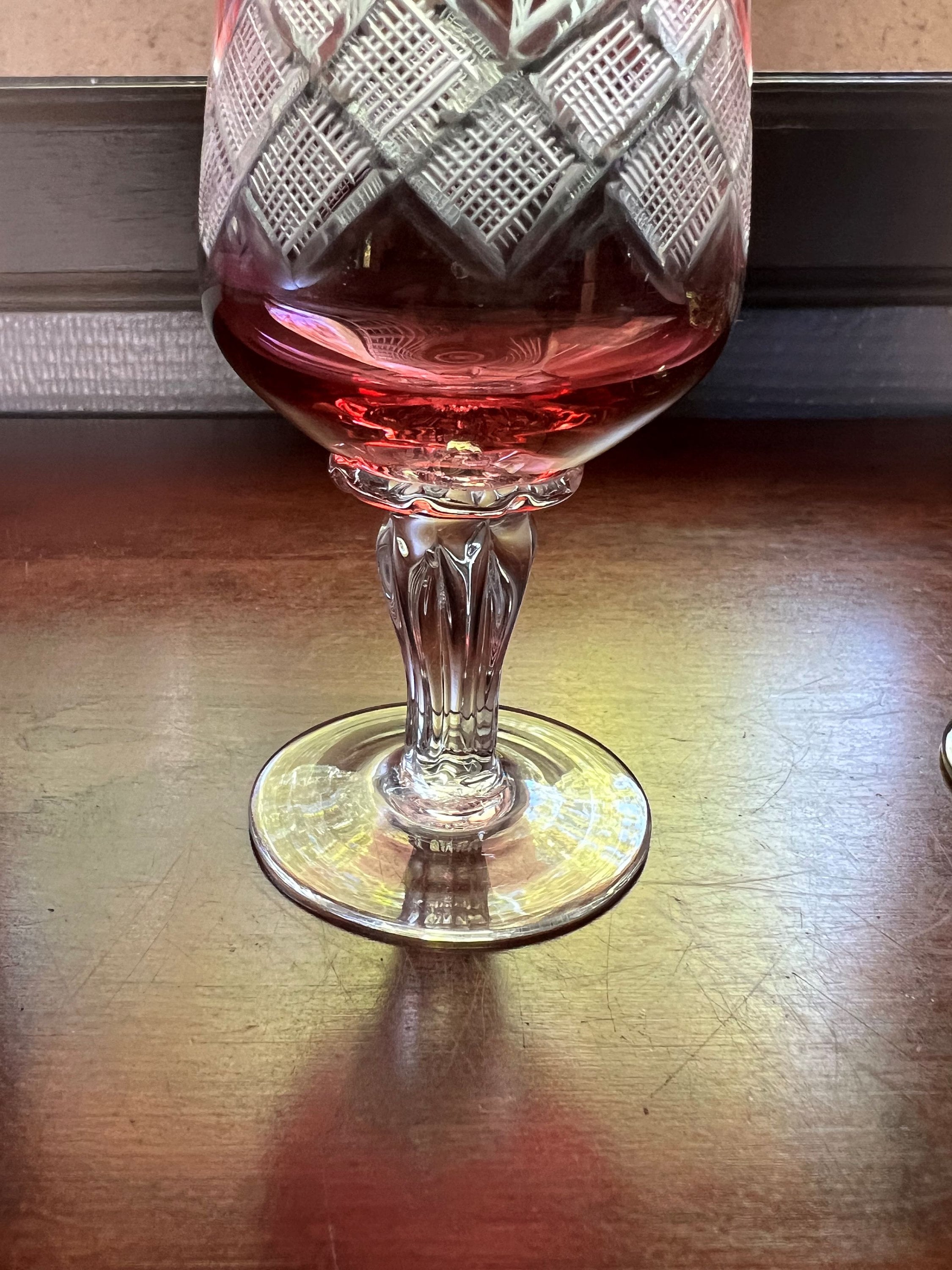 フランスのヴィンテージエッチングカラーワイングラス5個セット