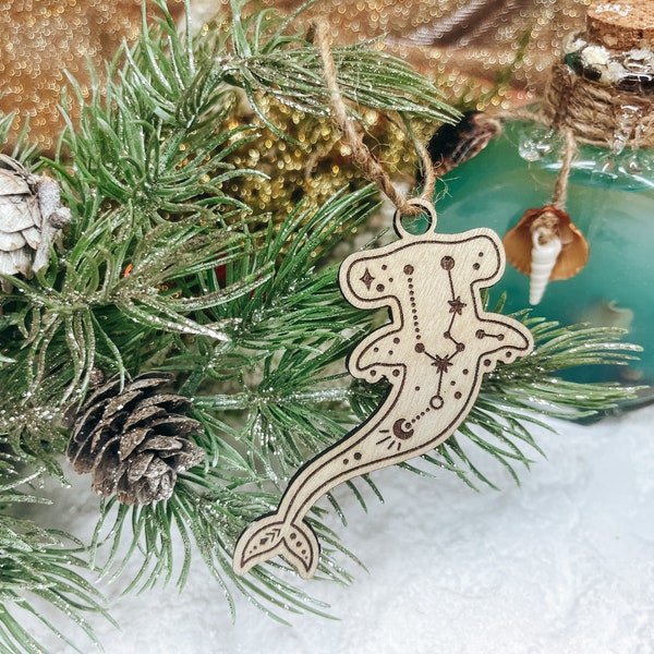 Handcrafted Birch Wood Hammerhead Shark Christmas Tree Ornament with Zodiac Etching - Coastal Holiday Decor