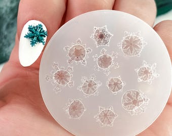 May include: A close-up of a hand holding a clear, circular mold with snowflake designs. A fingernail is painted white and has a teal snowflake embellishment. The mold contains various snowflake shapes for nail art.