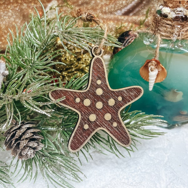 Handcrafted Birch Wood Starfish Christmas Tree Ornaments - Coastal Holiday Decor