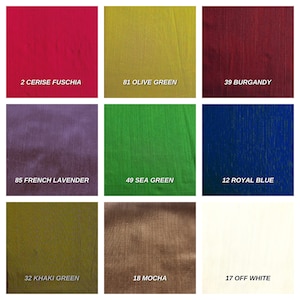 May include: A swatch card with nine fabric samples in different colors and textures. The colors are cerise fuchsia, olive green, burgundy, French lavender, sea green, royal blue, khaki green, mocha, and off white.