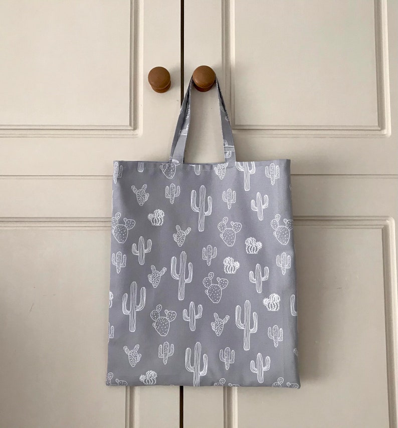 Handmade grey cactus print cotton tote bag with cotton lining