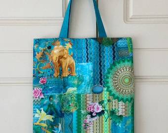 Handmade bohemian print cotton tote bag with lining and inside pocket