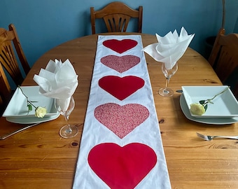 Valentines Table Runner Handmade Red Hearts Appliqué Cotton