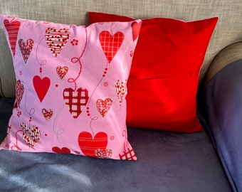 Cotton Hearts Red and Pink Valentines Cushion Envelope Cover Square Handmade Made in UK Handcrafted Home Decor Unique Set of 2 16" x 16"